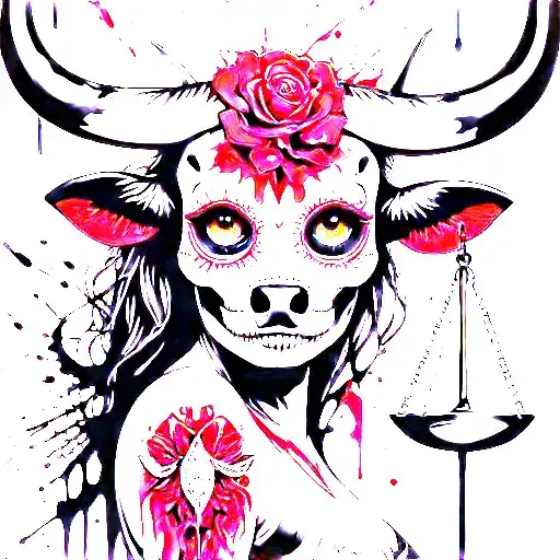 woman body bull with sugar skull markings, brown eyes and two Libra scales with extra dark background tattoo design idea