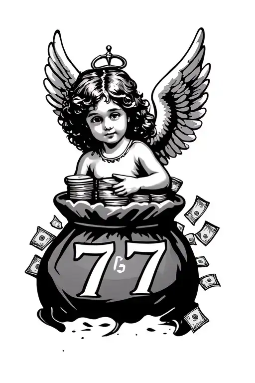 little angel with wings, 777 at the bottom and a bag of money with money coming out of it.  tattoo design idea
