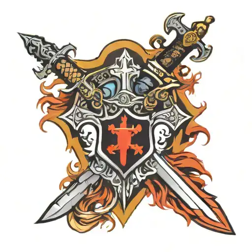 war sword shield cross royalty tattoo design idea