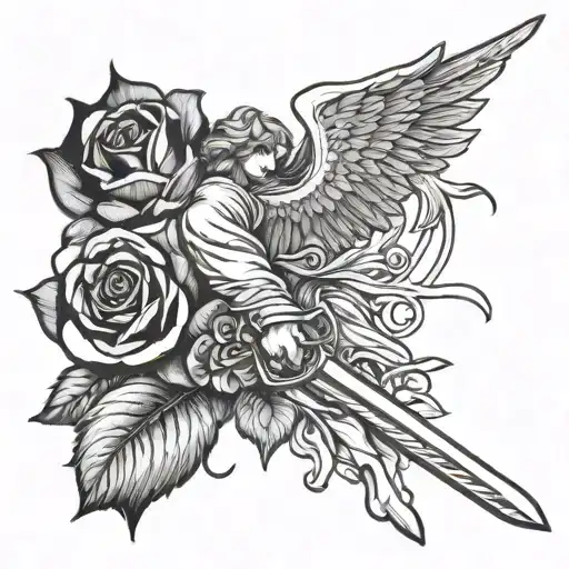 rose with angel holding a sword tattoo design idea