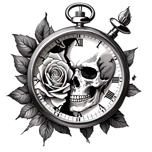 broken stop watch with a skull and a rose. tattoo design idea