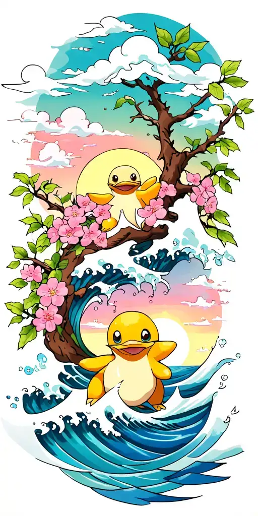 psyduck and slowpoke, water, wave, whirpool, psychic powers, clouds, branches, leaves, sakura flowers, tree, sunset, spl tattoo design idea