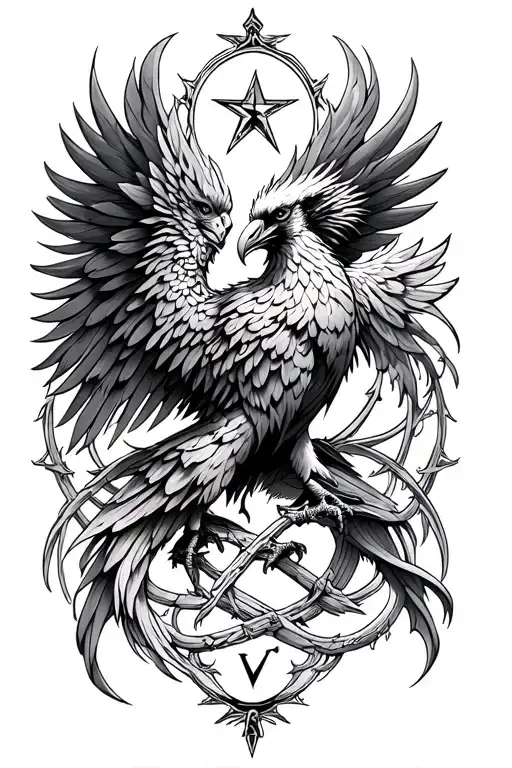 gothic phoenix with leo star sign intertwined tattoo design idea