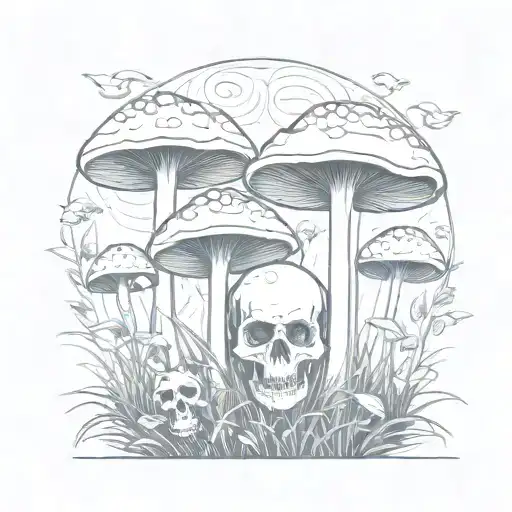mushrooms growing on grass with a simple larger skull tattoo design idea