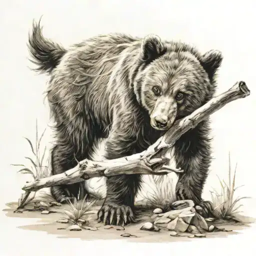 a baby bear that is playing with a stick or rock. I also want in the image a wolf standing guard. tattoo design idea