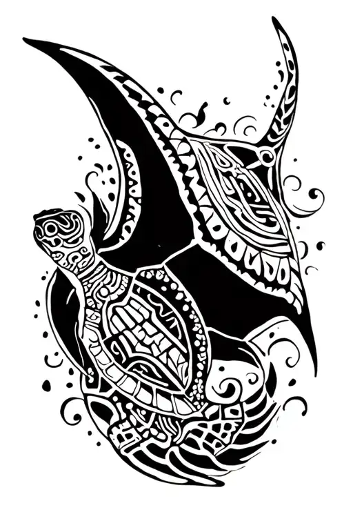 mayan themed manta ray and turtle swimming tattoo design idea