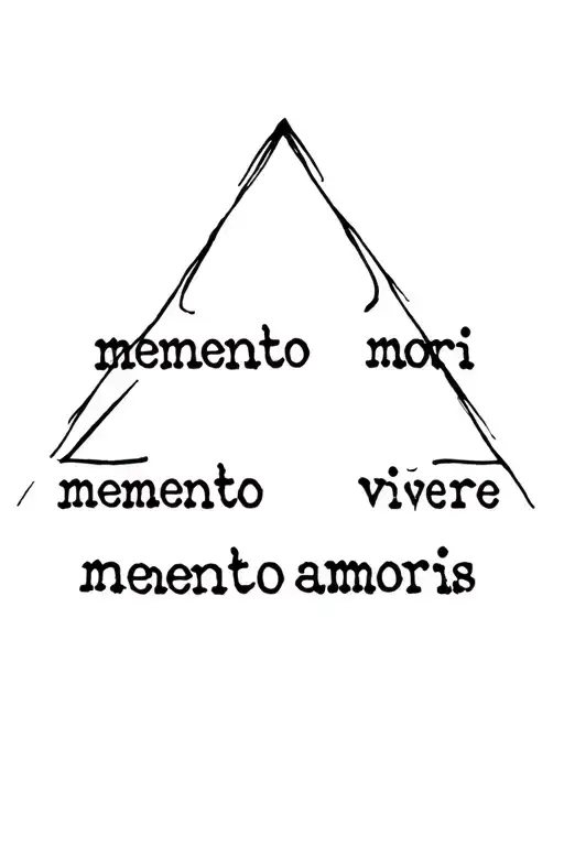 A triangle shape made of the words memento mori, memento vivere and memento amoris tattoo design idea