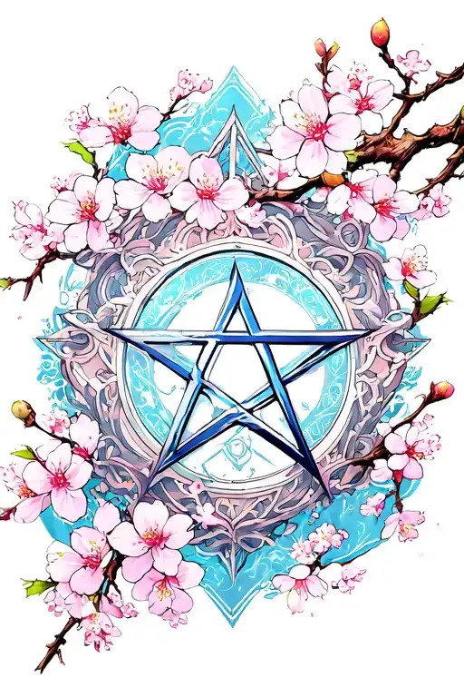 pentagram in a cherry blossom tattoo design idea