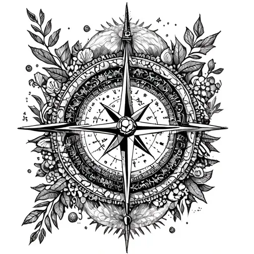 An intricate tattoo of a compass rose surrounded by elements of nature and science, symbolizing the client's love for travel and practicality tattoo design idea