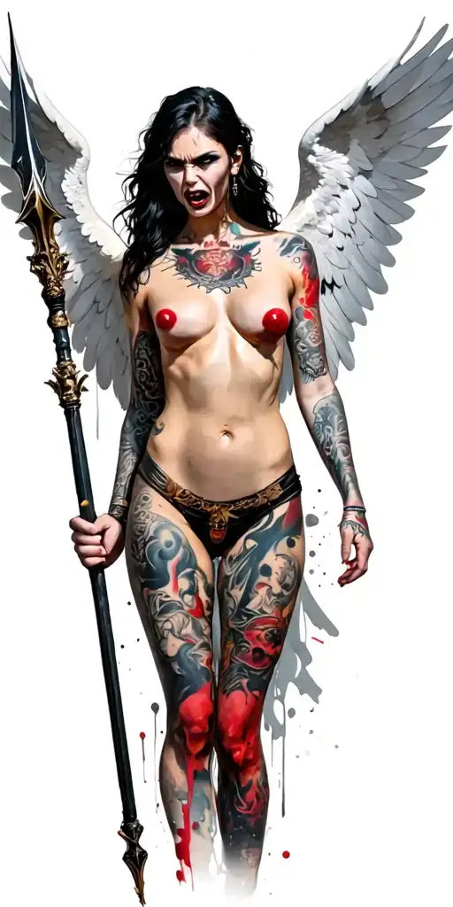 tattooed sexy, angry angel with large white wings holding a spear full body tattoo design idea