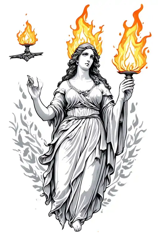 greek goddess hestia with eternal flame burns tattoo design idea