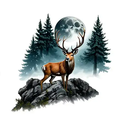 A deer with a moon in the horns, in the background a fir forest, at the bottom of the fir trees a rugged with rochès tattoo design idea