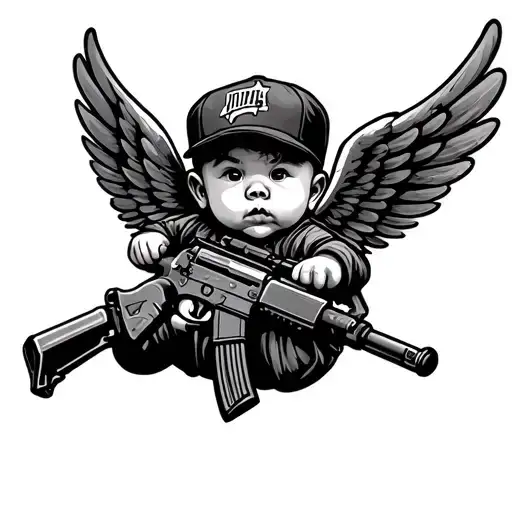 A gangsta babyangle with an ak 47 rifle flying with wings tattoo design idea