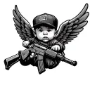 A gangsta babyangle with an ak 47 rifle flying with wings tattoo design idea