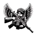 A gangsta babyangle with an ak 47 rifle flying with wings tattoo design idea