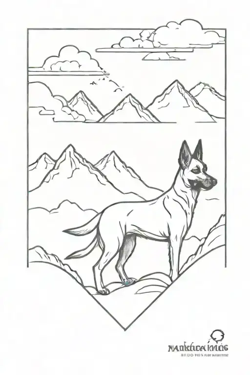 Belgian Malinois with mountains and clouds background tattoo design idea