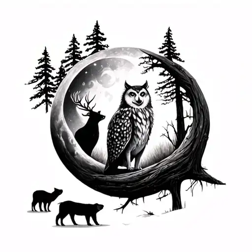 Forest scene featuring Owl inside of a moon, a wolf Howling at it. a stag, a bear, a wild cat and a bass tattoo design idea