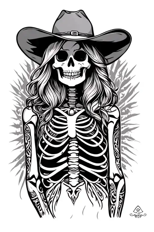 western cowgirl skeleton with tribal designs behind her  tattoo design idea
