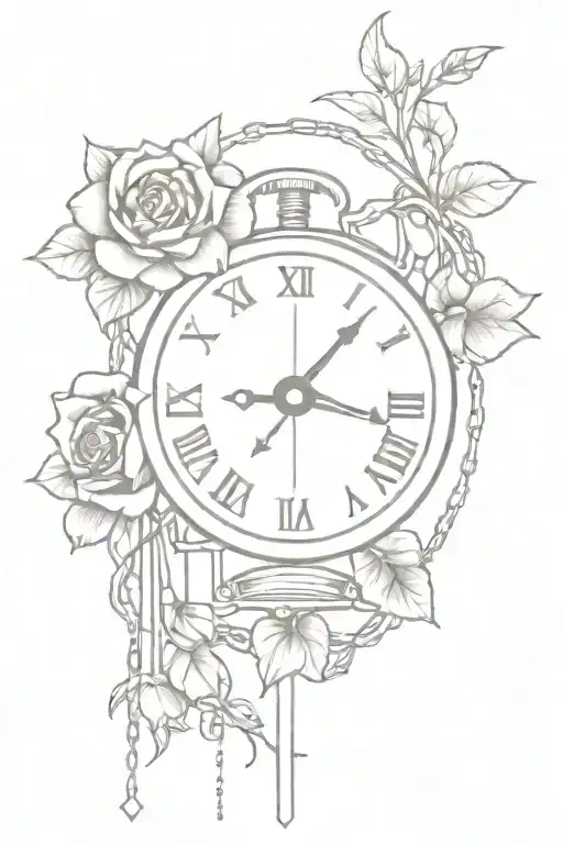 A minimalist Cross made of roses with chains and clock surrounding it tattoo design idea