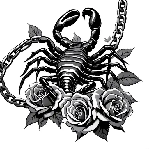 scorpion crawling wearing Cuban link chain surrounded by roses tattoo design idea