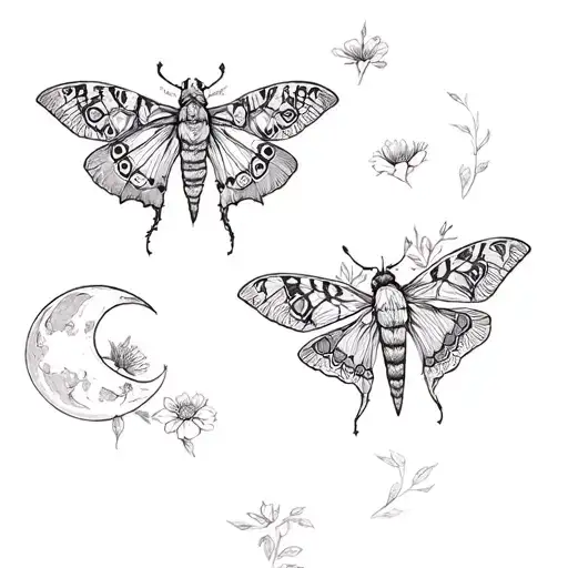 mystic moths and moons with flowers tattoo design idea