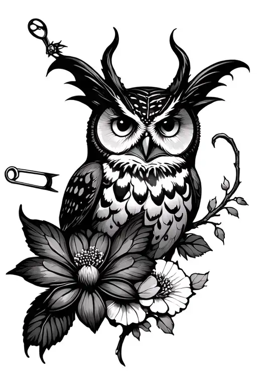 combines a safety pin, maleficent, butterfly, poison tree, semi colon, an owl, flower, tattoo design idea