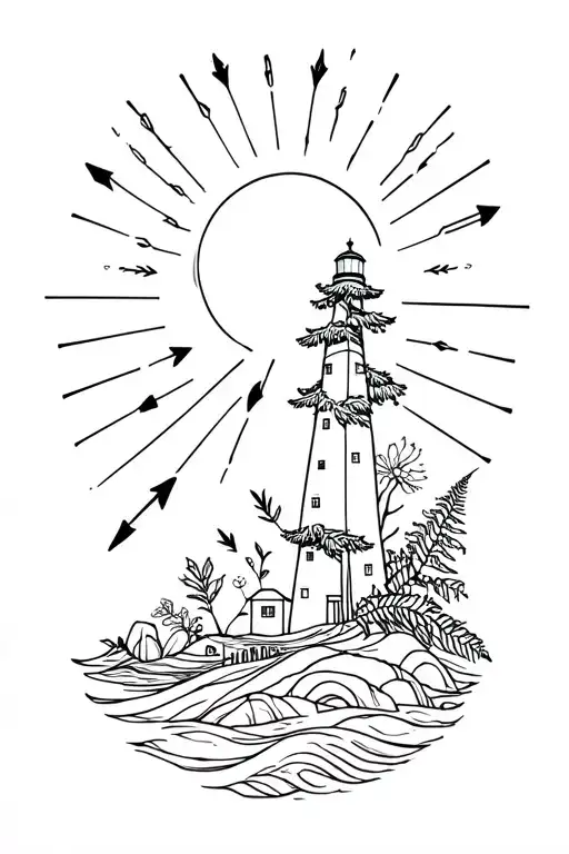 lightouse with radiating light arrows framed by fir tree and wave with big coastal flower and ferns and plants on rocks tattoo design idea