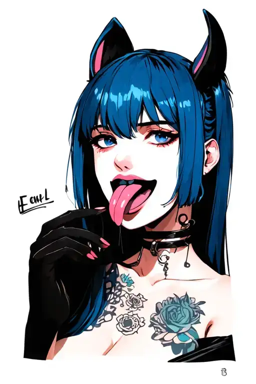 hentail, nude, bdsm, stick out the tongue, nymphomaniac face, young, sexy front position, small boobs, blue hair tattoo design idea