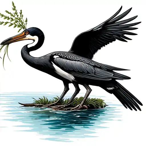 cormorant with seeweed in its mouth tattoo design idea