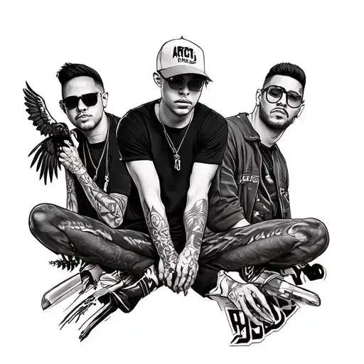 Half sleeve tattoo around the leg between the ankle and the knee featuring Eminem, Arctic Monkeys, and 21 Pilots tattoo design idea