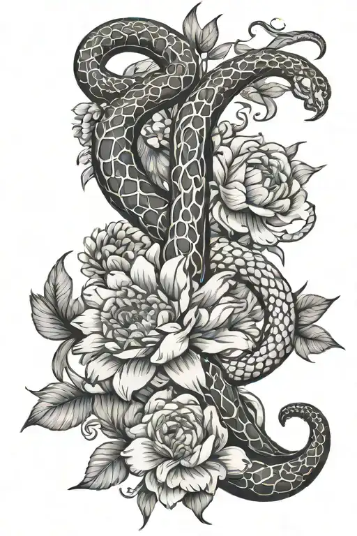 rib cage with aster flowers and a snake intertwined tattoo design idea