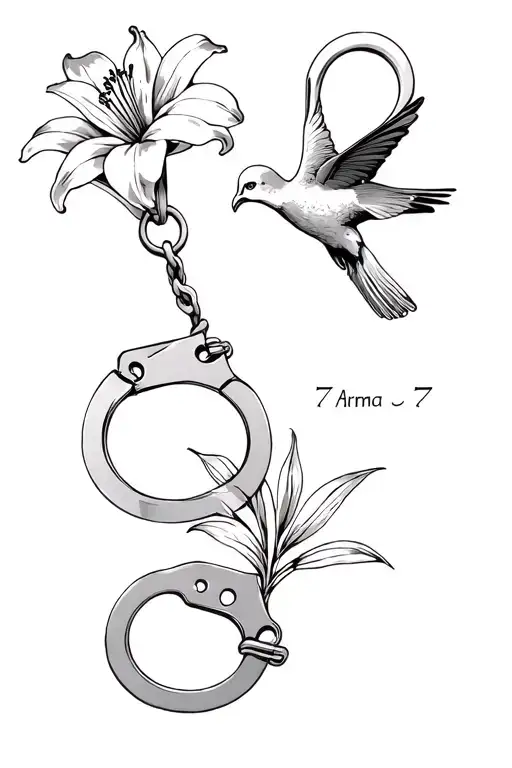 I want a tattoo with a lily a pair of handcuffs 7 in Roman a swallow and a Greek arena tattoo design idea