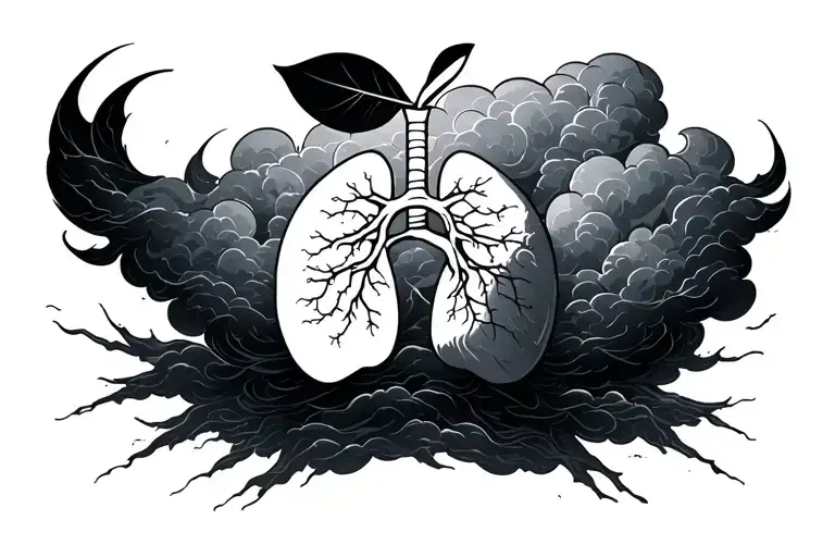 "AppleHead "  lungs visible in the middle of a large dark stormy clouds  tattoo design idea