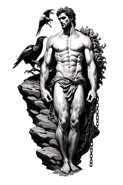 Prometheus chained to a rock with a bird attacking him tattoo design idea