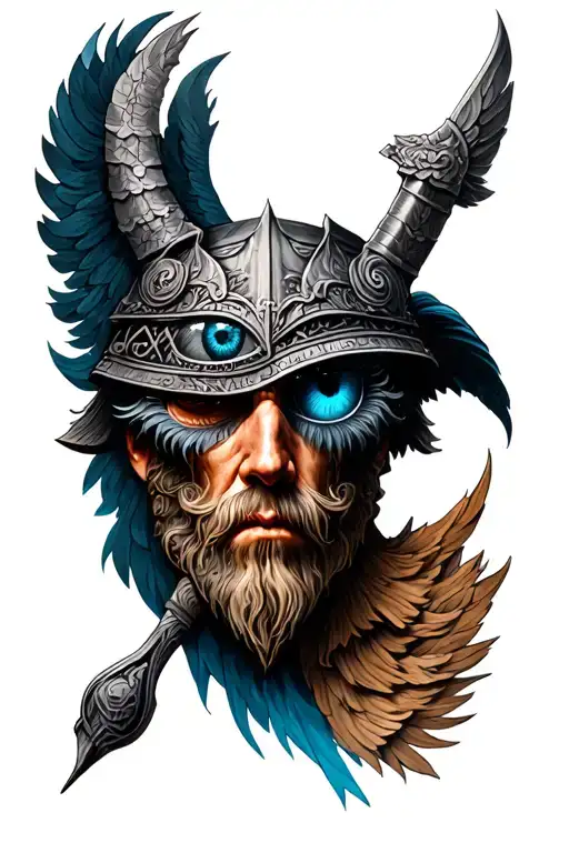 Realistic tattoo for the forearm with the doors of the Valhalla, Ordhin with a patch in the eye and the other blue eye and the F tattoo design idea