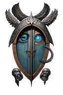 Realistic tattoo for the forearm with the doors of the Valhalla, Ordhin with a patch in the eye and the other blue eye and the F tattoo design idea