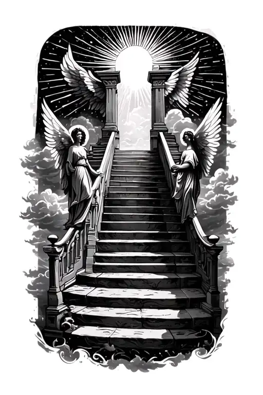 stairway to heaven walking up stairs angels sun rays clouds heaven gate at the top of the stairs  tattoo design idea