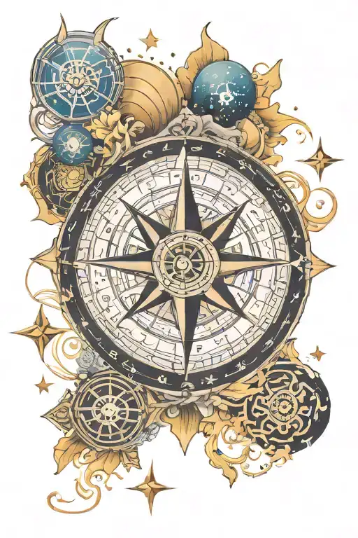 Compass, Nebula, Planets, Om symbol tattoo design idea