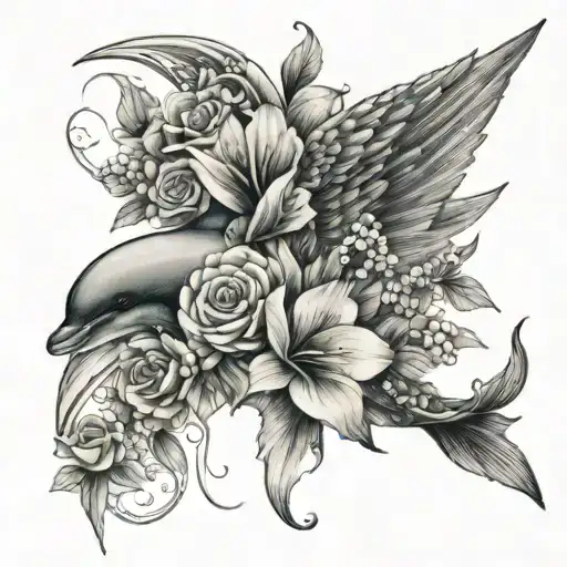angel wing with flowers on it dolphin with flowers tattoo without the wings being on the dolphin tattoo design idea