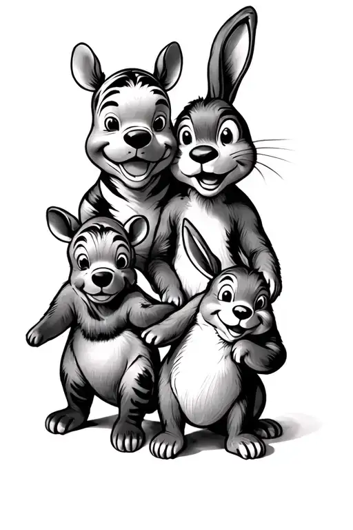 winnie the pooh with tigger, piglet, eeyore, stitch, dory, and rabbit tattoo design idea