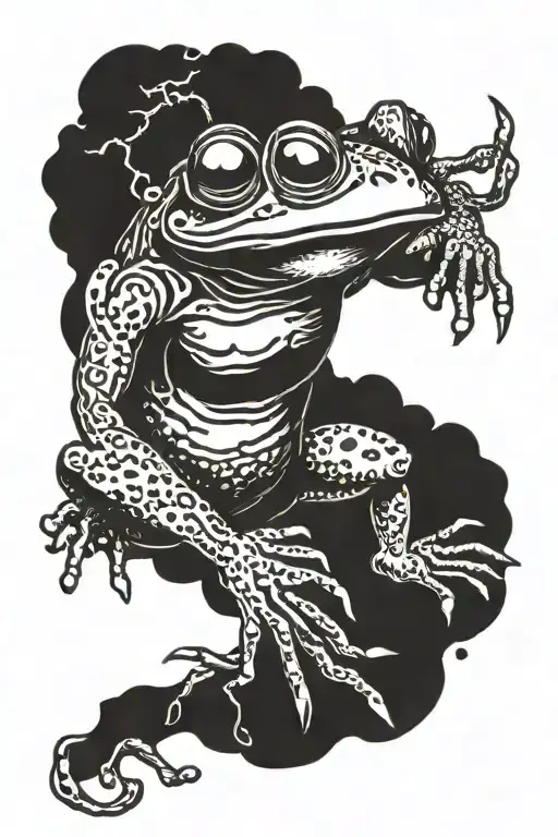 japanese frog sitting like boss battle scene tattoo design idea