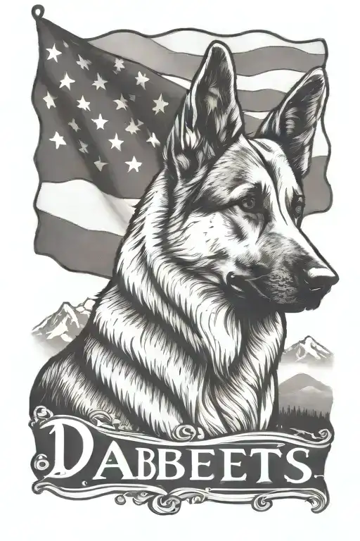 portrait of German shepherd wearing bracelet saying "diabetes" mountain scene American flag spiraling down tattoo design idea