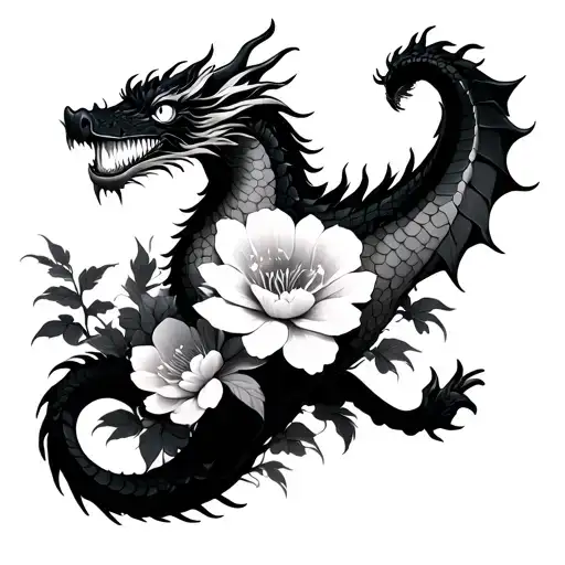 spawns a dragon with Japanese flowers intertwined tattoo design idea