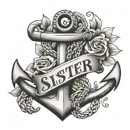 anchor with heart eyelet in sunset with word sister heart tattoo design idea