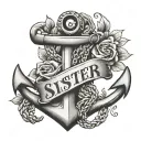 anchor with heart eyelet in sunset with word sister heart tattoo design idea