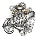 anchor with heart eyelet in sunset with word sister heart tattoo design idea