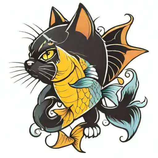 cat with a big fish tattoo design idea