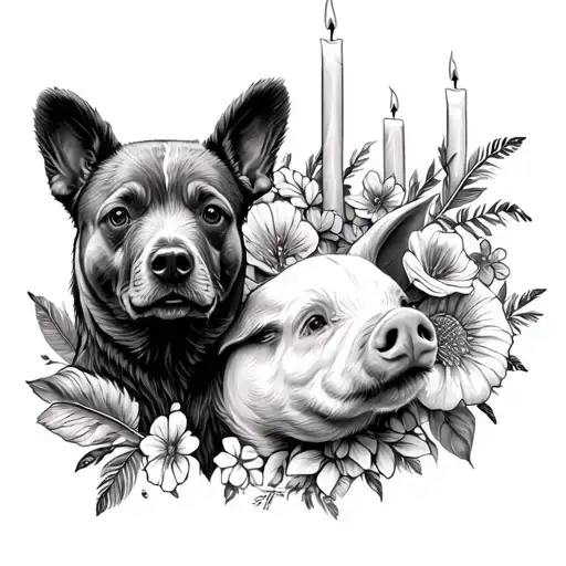 cal bears, flowers, dogs, pigs, candles, feather tattoo design idea