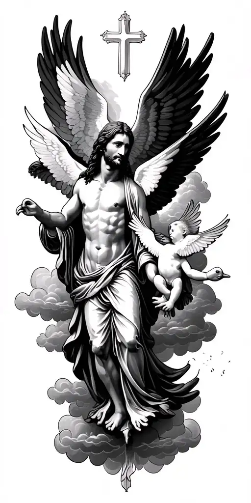 heaven Jesus Christ clouds doves baby angle with wings tattoo design idea