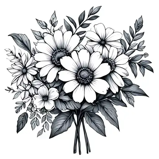 tiny and dainty flower bouquet including two february birth month flowers and one july birth month flower tattoo design idea